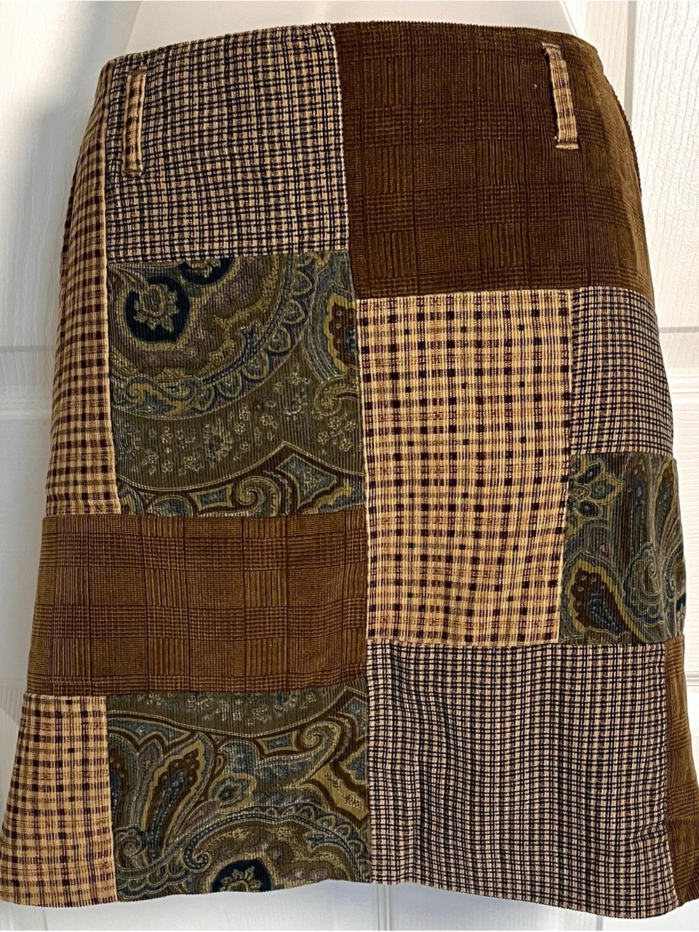 Vintage NY Jeans Corduroy Patchwork Skirt Plaid Paisley Brown Sz 12